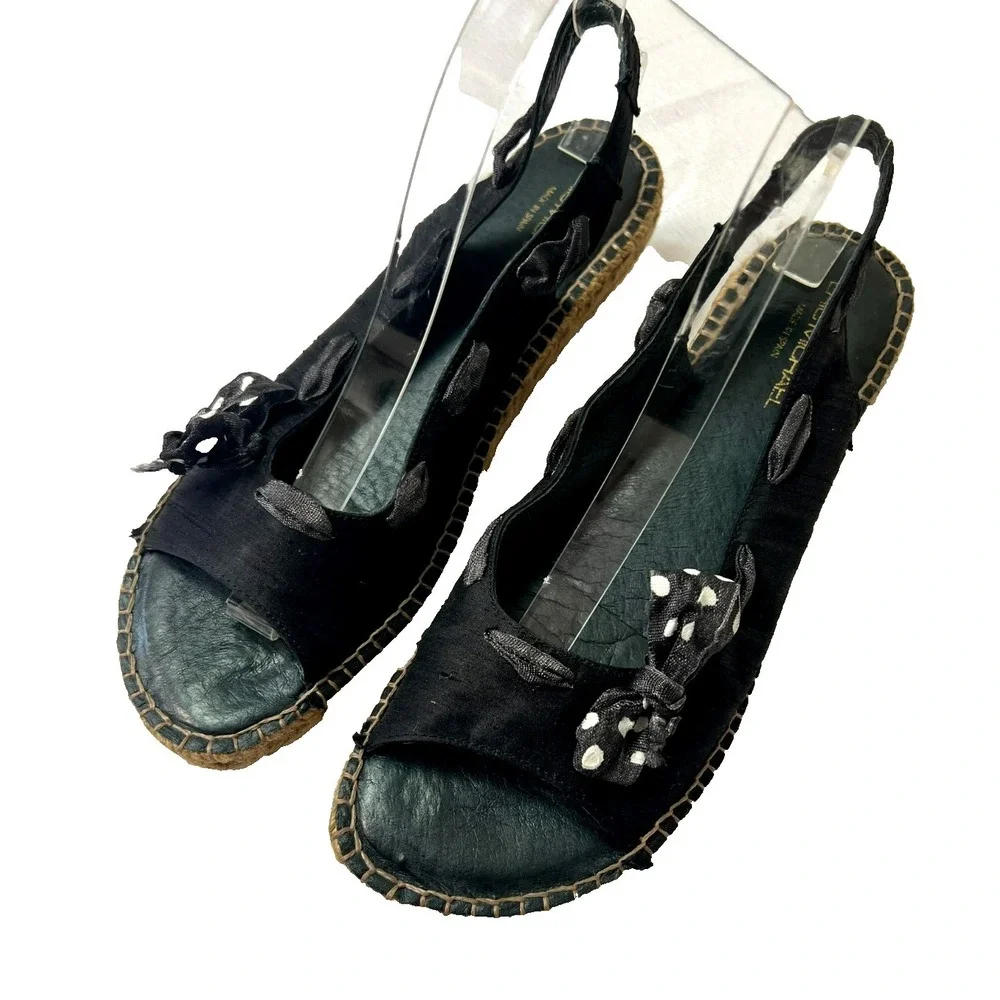 Eric Michael Paseart Espadrille Wedge Sandal Black Satiny‎ Sling Back SZ 10.5